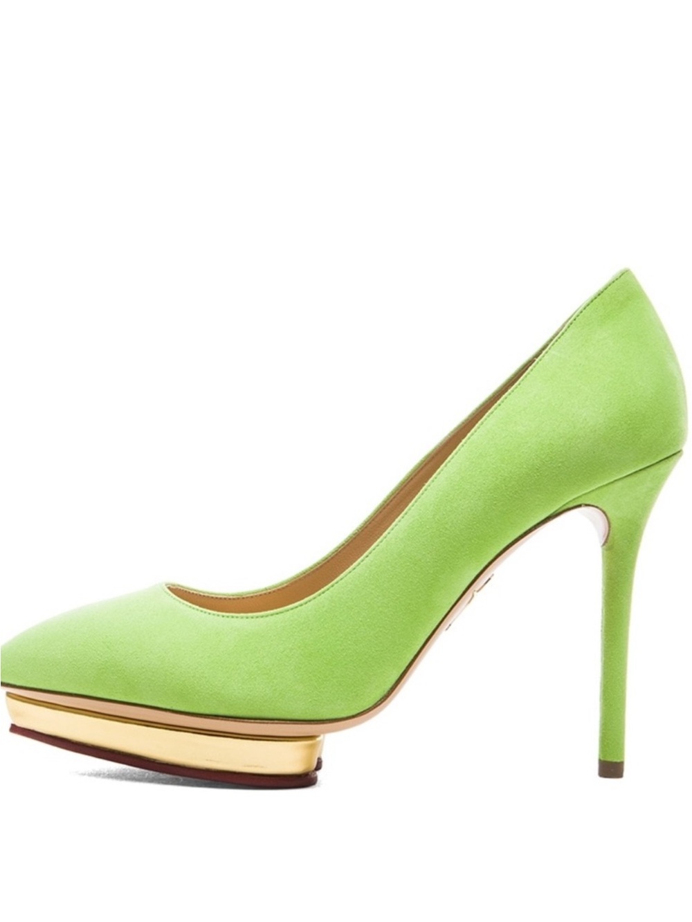 Charlotte Olympia Debbie Neon Green Suede Platform Stiletto with Gold Trim